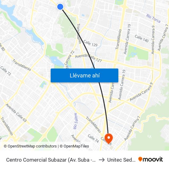 Centro Comercial Subazar (Av. Suba - Kr 91) to Unitec Sede C map