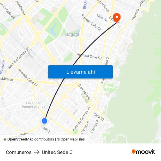 Comuneros to Unitec Sede C map