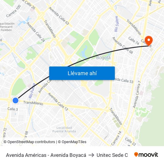 Avenida Américas - Avenida Boyacá to Unitec Sede C map