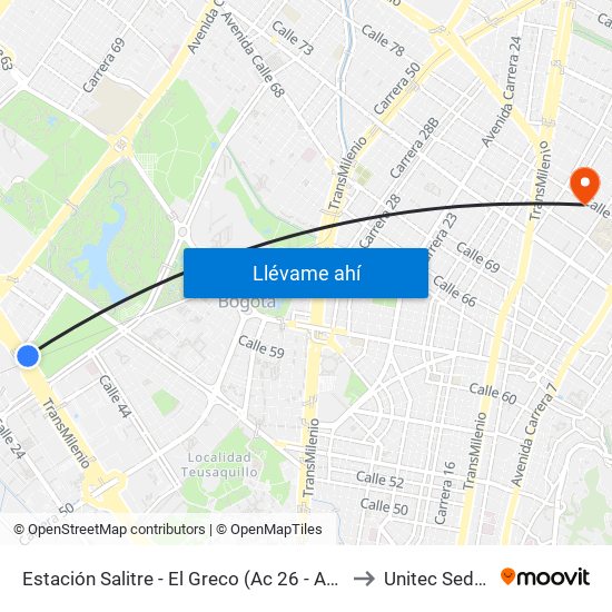Estación Salitre - El Greco (Ac 26 - Ak 68) to Unitec Sede C map