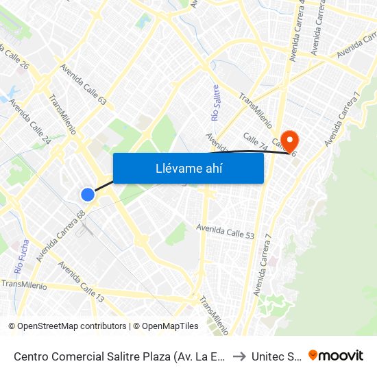 Centro Comercial Salitre Plaza (Av. La Esperanza - Kr 68a) to Unitec Sede C map