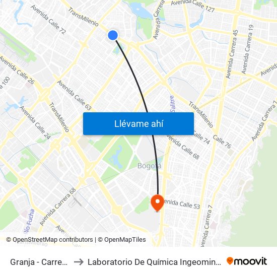 Granja - Carrera 77 to Laboratorio De Química Ingeominas (615) map