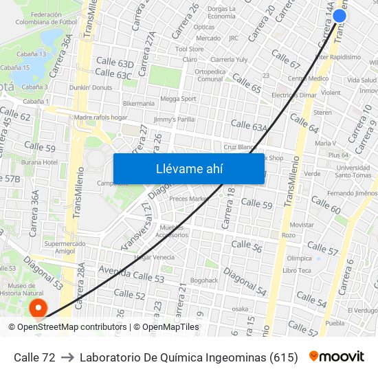 Calle 72 to Laboratorio De Química Ingeominas (615) map