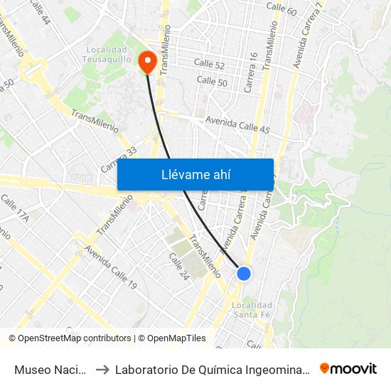 Museo Nacional to Laboratorio De Química Ingeominas (615) map