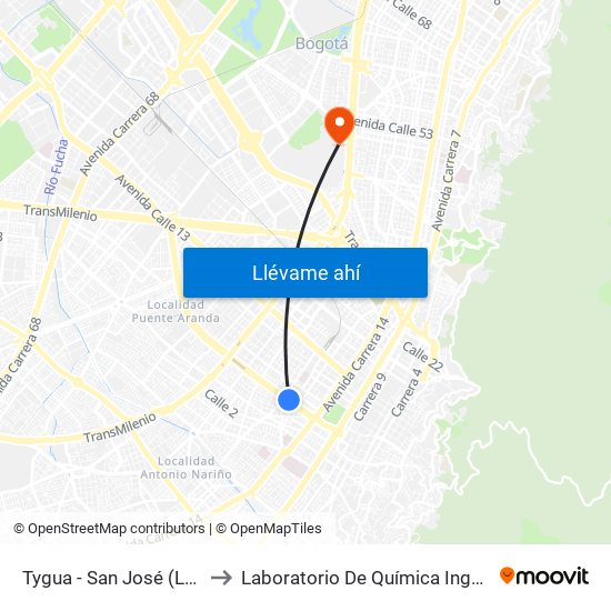 Tygua - San José (Lado Norte) to Laboratorio De Química Ingeominas (615) map