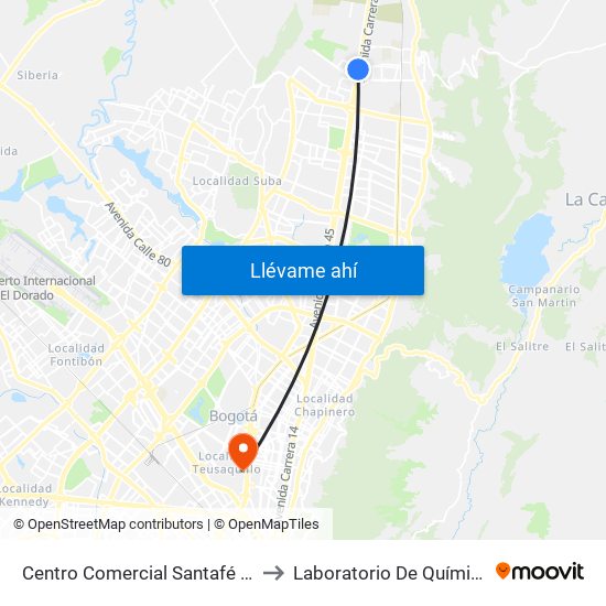 Centro Comercial Santafé (Auto Norte - Cl 187) (B) to Laboratorio De Química Ingeominas (615) map