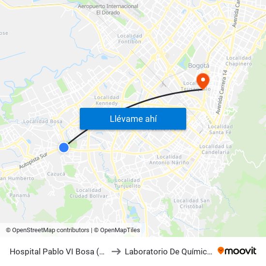 Hospital Pablo VI Bosa (Cl 63 Sur - Kr 77g) (A) to Laboratorio De Química Ingeominas (615) map
