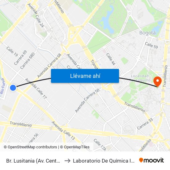 Br. Lusitania (Av. Centenario - Kr 68b) to Laboratorio De Química Ingeominas (615) map