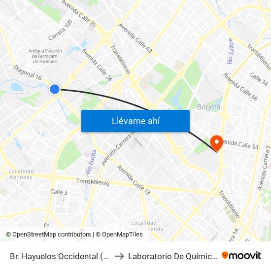 Br. Hayuelos Occidental (Av. Centenario - Kr 87) to Laboratorio De Química Ingeominas (615) map