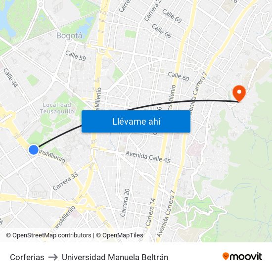 Corferias to Universidad Manuela Beltrán map