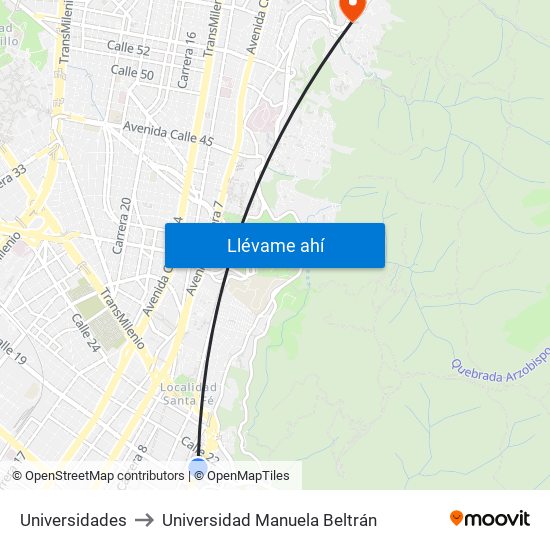 Universidades to Universidad Manuela Beltrán map