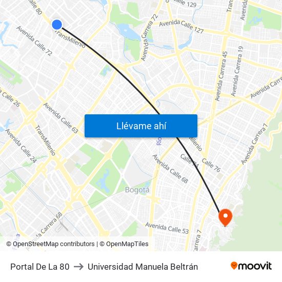 Portal De La 80 to Universidad Manuela Beltrán map