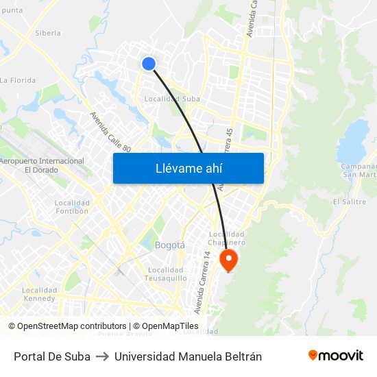 Portal De Suba to Universidad Manuela Beltrán map