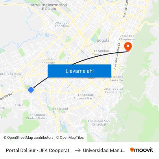 Portal Del Sur - JFK Cooperativa Financiera to Universidad Manuela Beltrán map