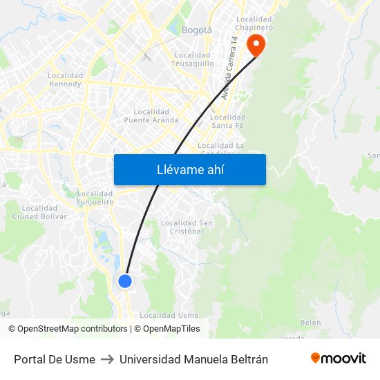 Portal De Usme to Universidad Manuela Beltrán map