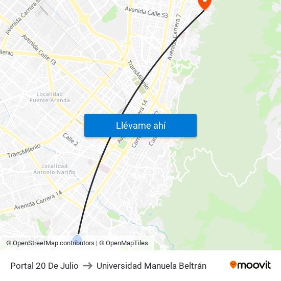 Portal 20 De Julio to Universidad Manuela Beltrán map