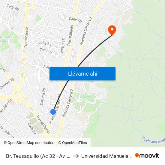 Br. Teusaquillo (Ac 32 - Av. Caracas) to Universidad Manuela Beltrán map