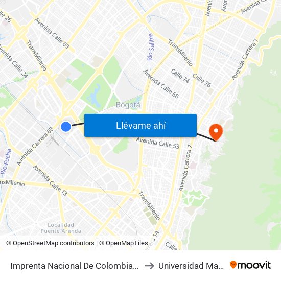 Imprenta Nacional De Colombia (Av. Esperanza - Kr 66) to Universidad Manuela Beltrán map