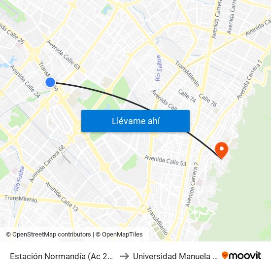 Estación Normandía (Ac 26 - Kr 74) to Universidad Manuela Beltrán map