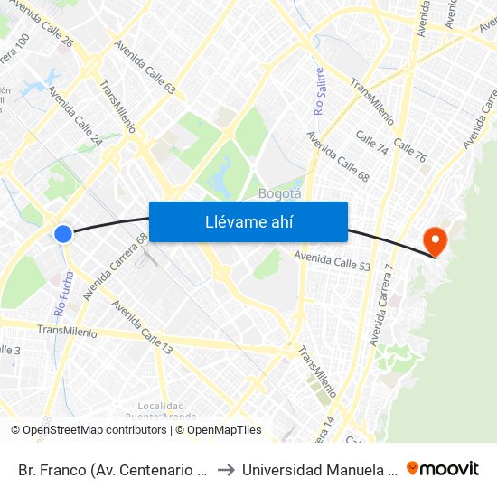 Br. Franco (Av. Centenario - Kr 69b) to Universidad Manuela Beltrán map