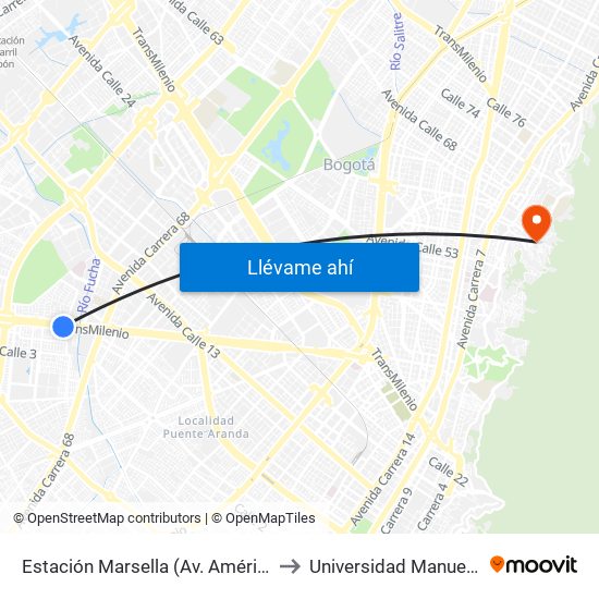 Estación Marsella (Av. Américas - Kr 69b) to Universidad Manuela Beltrán map