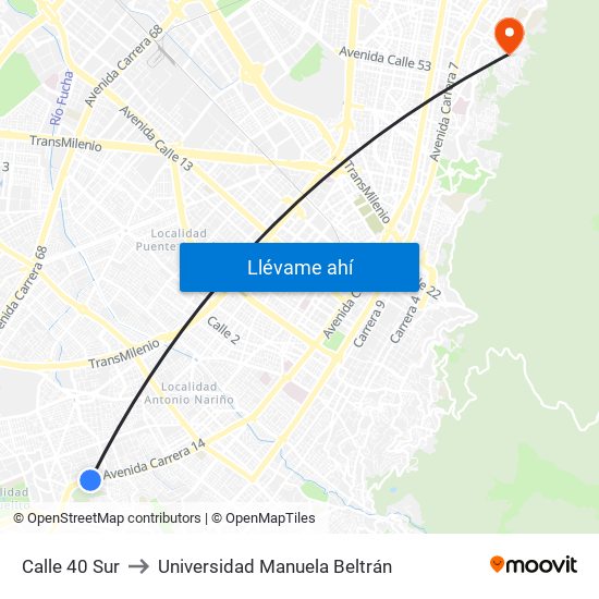 Calle 40 Sur to Universidad Manuela Beltrán map