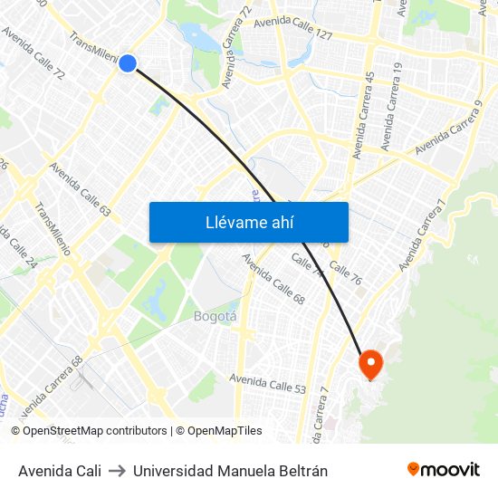 Avenida Cali to Universidad Manuela Beltrán map