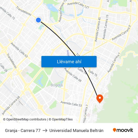 Granja - Carrera 77 to Universidad Manuela Beltrán map