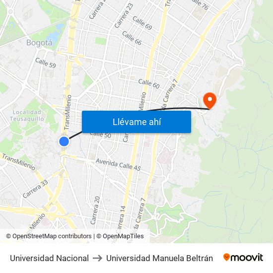 Universidad Nacional to Universidad Manuela Beltrán map