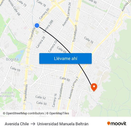 Avenida Chile to Universidad Manuela Beltrán map