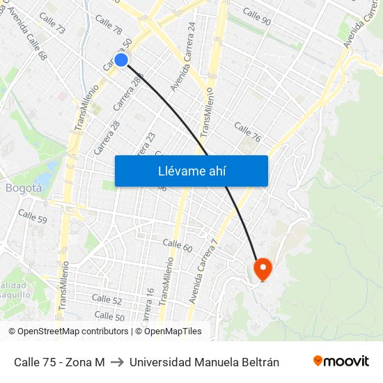 Calle 75 - Zona M to Universidad Manuela Beltrán map