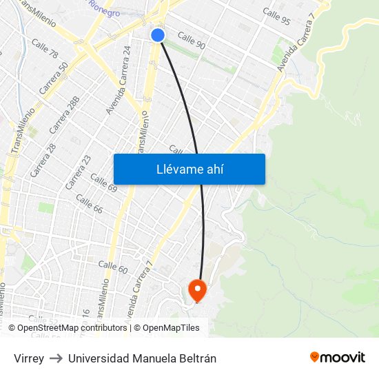 Virrey to Universidad Manuela Beltrán map