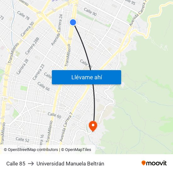 Calle 85 to Universidad Manuela Beltrán map