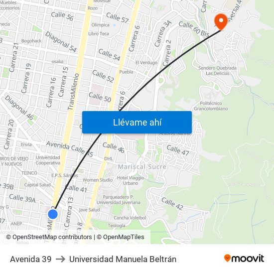 Avenida 39 to Universidad Manuela Beltrán map