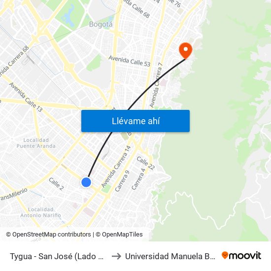 Tygua - San José (Lado Norte) to Universidad Manuela Beltrán map