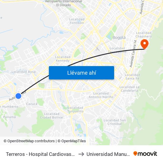 Terreros - Hospital Cardiovascular (Lado Sur) to Universidad Manuela Beltrán map