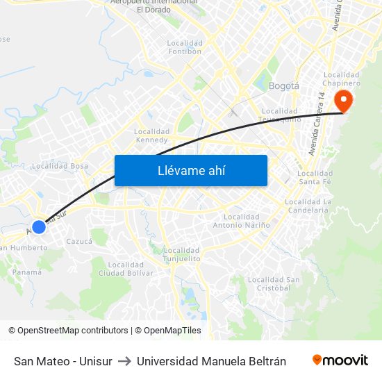 San Mateo - Unisur to Universidad Manuela Beltrán map