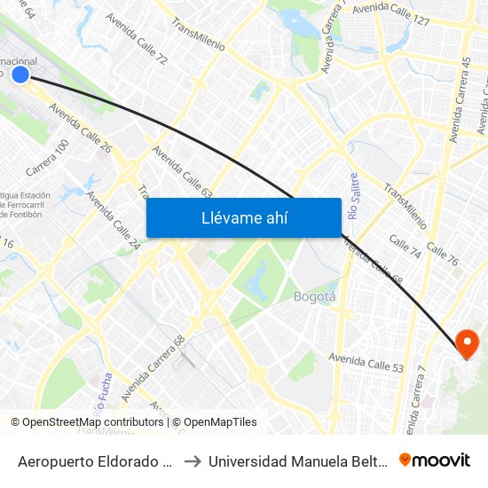 Aeropuerto Eldorado (B) to Universidad Manuela Beltrán map