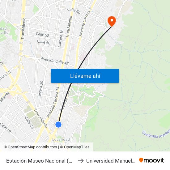 Estación Museo Nacional (Ak 7 - Cl 29) to Universidad Manuela Beltrán map