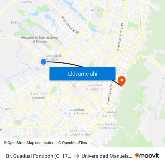 Br. Guadual Fontibón (Cl 17 - Kr 96h) to Universidad Manuela Beltrán map