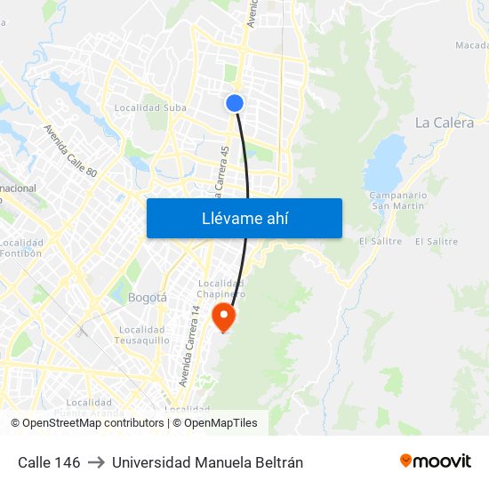 Calle 146 to Universidad Manuela Beltrán map