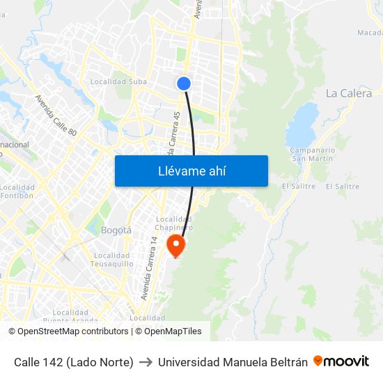 Calle 142 (Lado Norte) to Universidad Manuela Beltrán map
