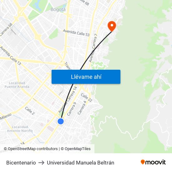 Bicentenario to Universidad Manuela Beltrán map