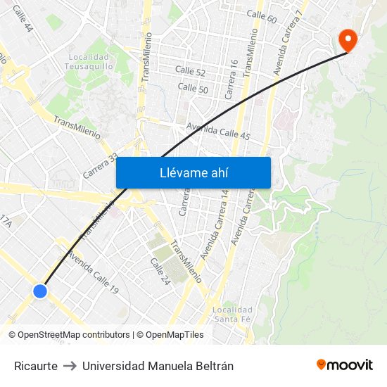 Ricaurte to Universidad Manuela Beltrán map