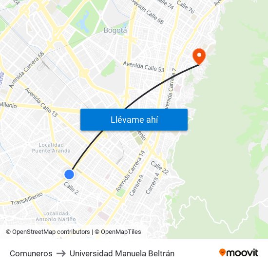 Comuneros to Universidad Manuela Beltrán map