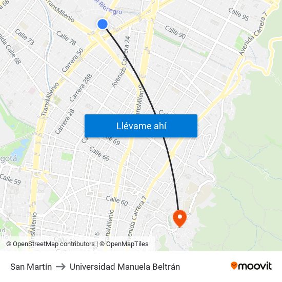 San Martín to Universidad Manuela Beltrán map