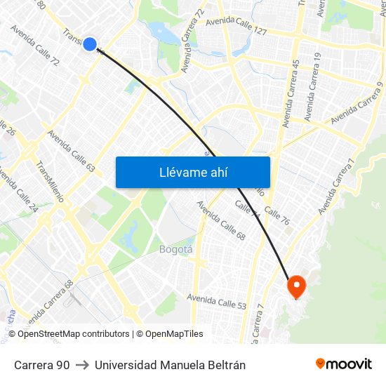 Carrera 90 to Universidad Manuela Beltrán map