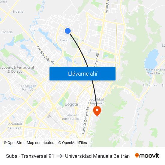 Suba - Transversal 91 to Universidad Manuela Beltrán map