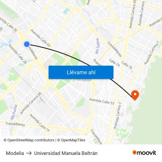 Modelia to Universidad Manuela Beltrán map