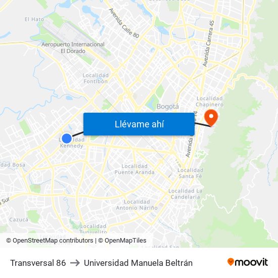 Transversal 86 to Universidad Manuela Beltrán map